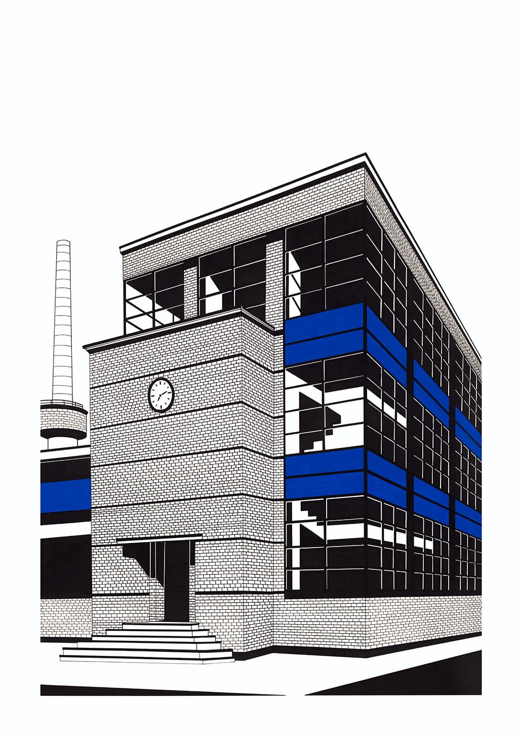 Bâtiment industriel avec horloge, fenêtres en grille, bandes bleues