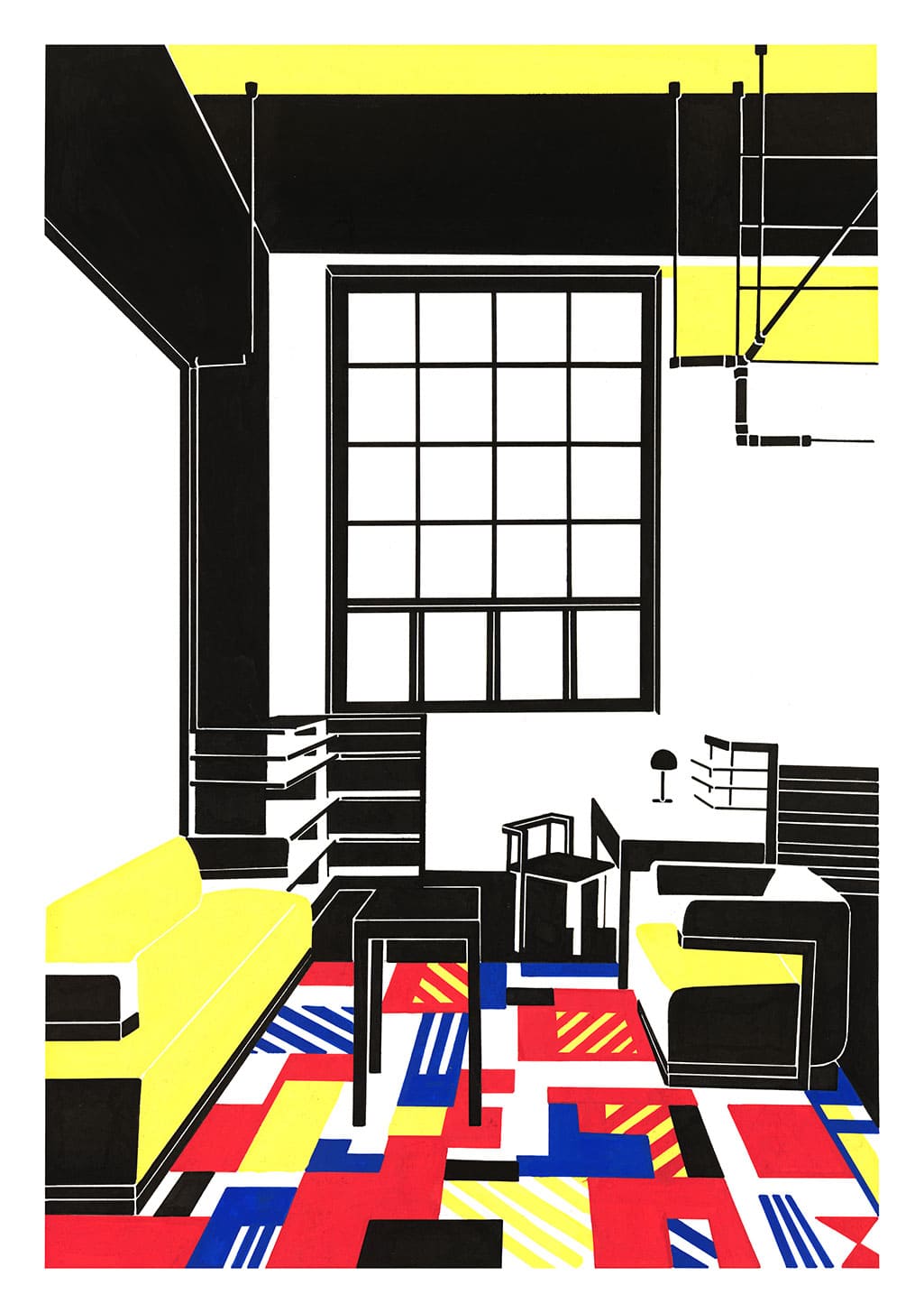 Art abstrait, intérieur, couleurs vives, motifs géométriques, fenêtre, meubles, lignes nettes