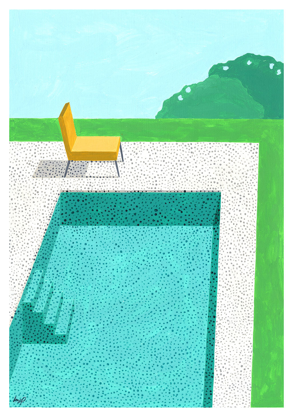 Piscine, chaise, nature, extérieur, moderne, vert, bleu, ciel, terrain, calme, design, peinture