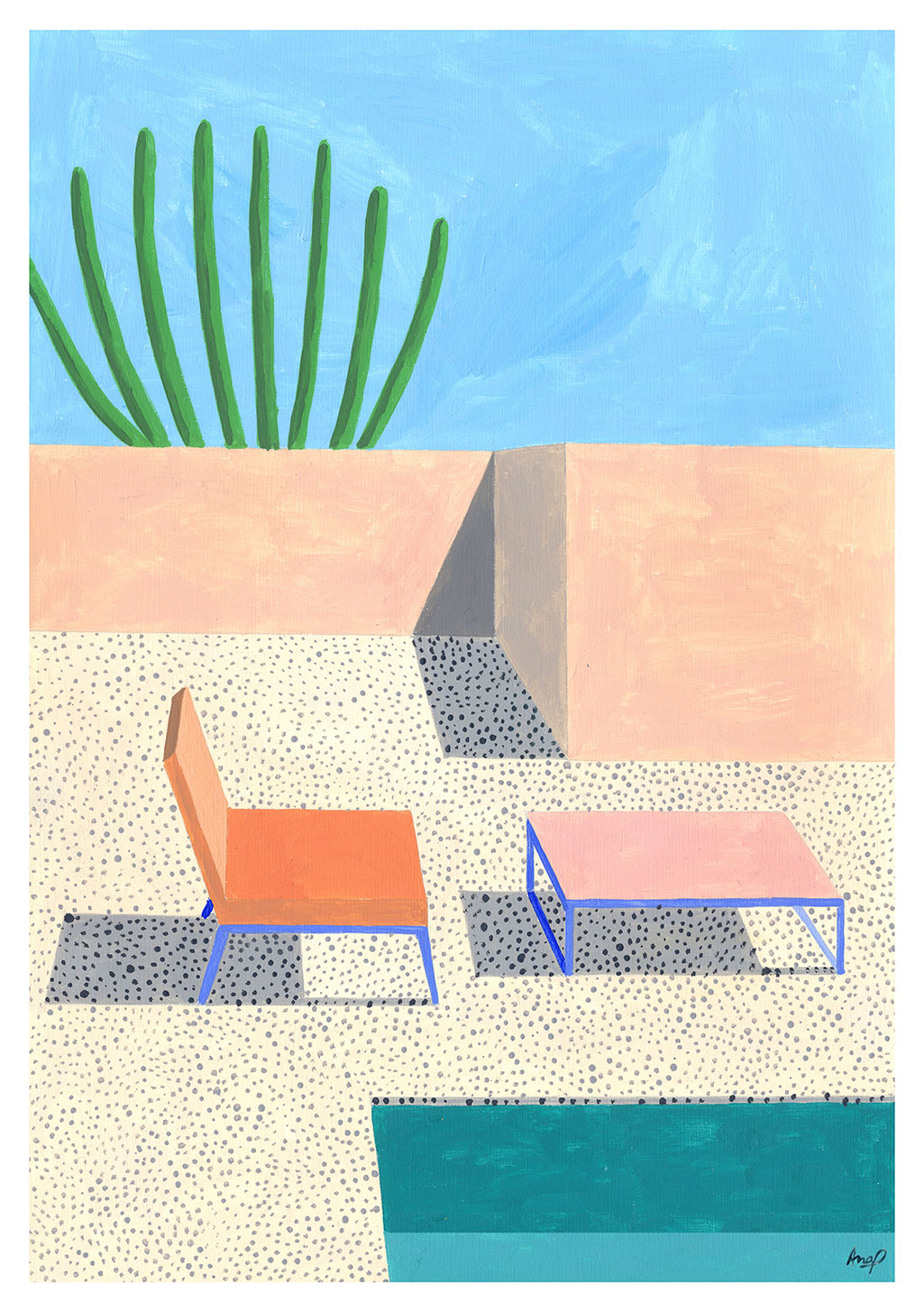 Chaises, table, piscine, mur, cactus, ciel bleu, motifué
