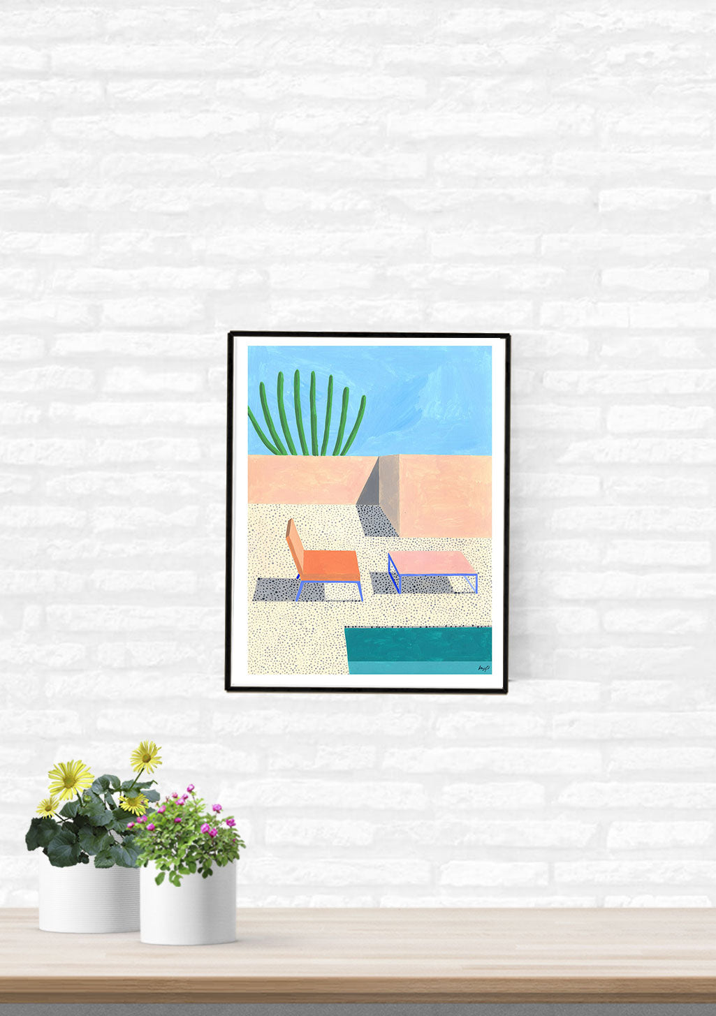 Poster de style moderne avec chaise, piscine, cactus, ciel bleu