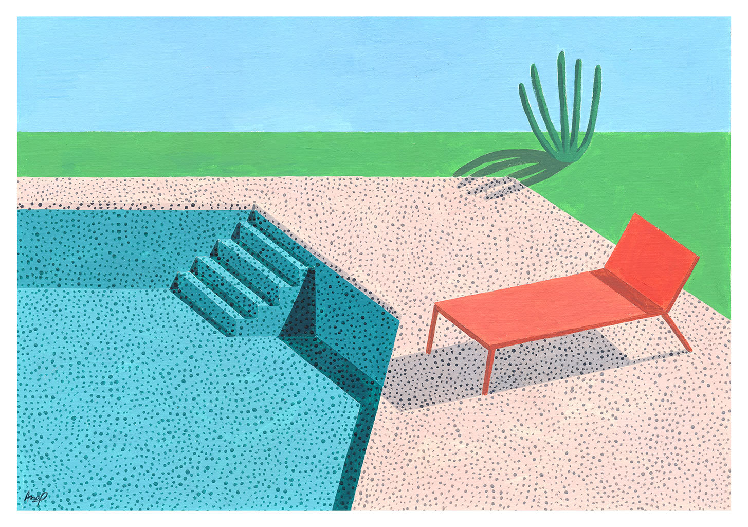 Chaises rouges près d'une piscine bleue, cactus vert, plage de sable