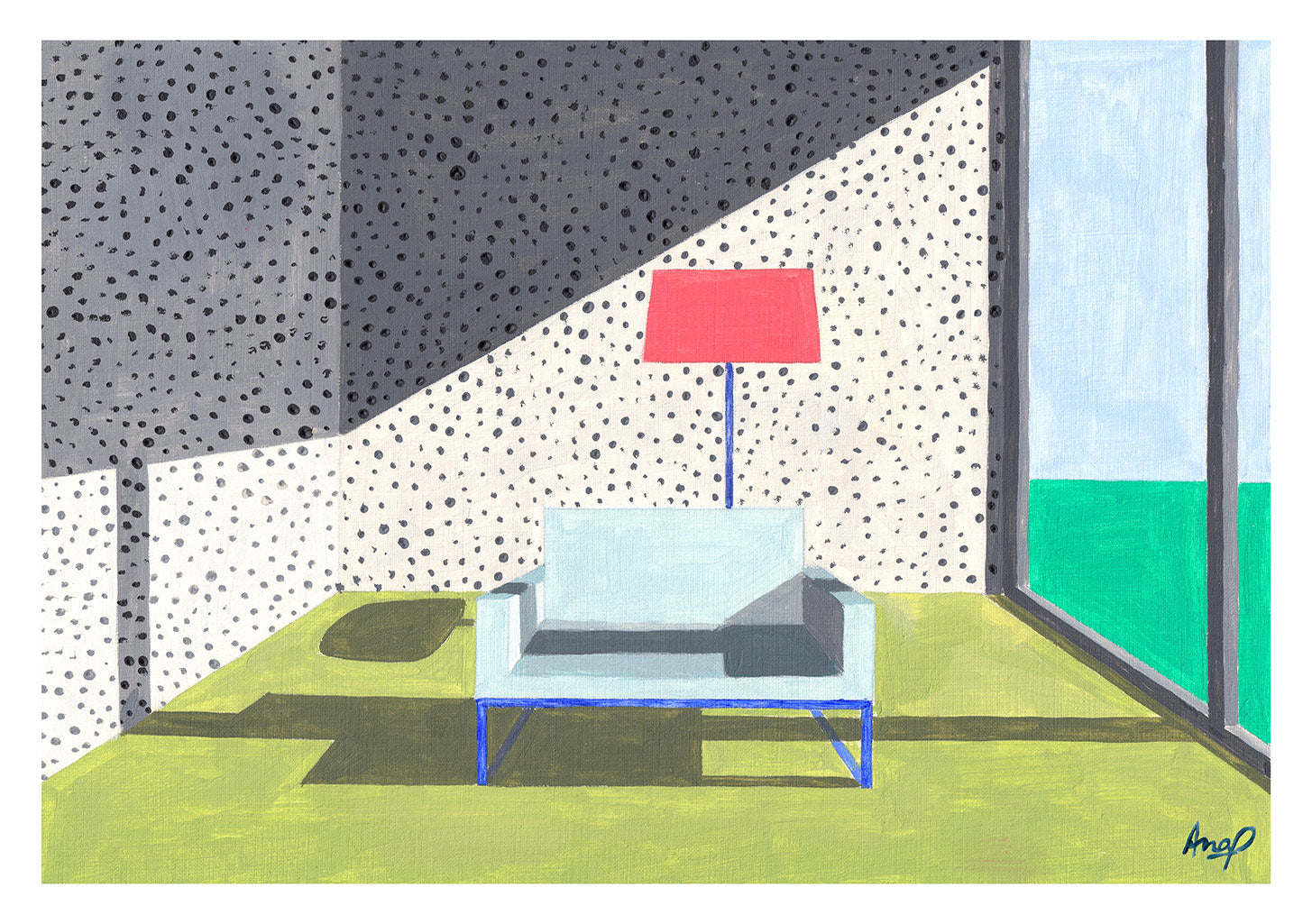 Lampe rouge, bleu, murs à pois, sol vert, pièce moderne