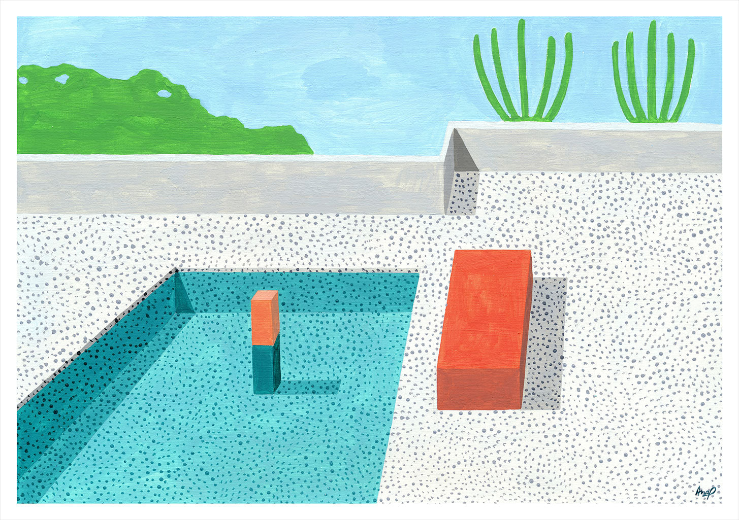 Piscine, chaise rouge, cactus, mur blanc, ciel bleu, colline verte