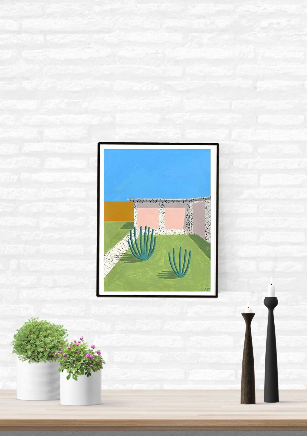 Art abstrait, paysage, cactus, couleurs vives, bâtiments, ciel bleu