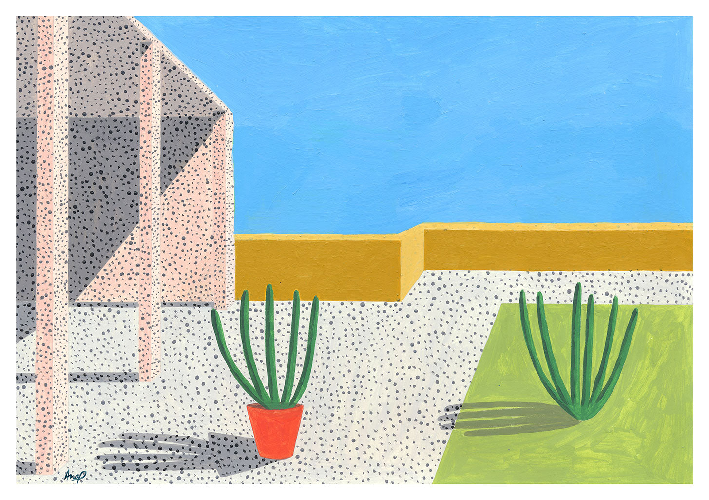Art abstrait, bâtiment, cactus, ciel bleu, mur, plante en pot, structure, extérieur, peinture, design, moderne, nature
