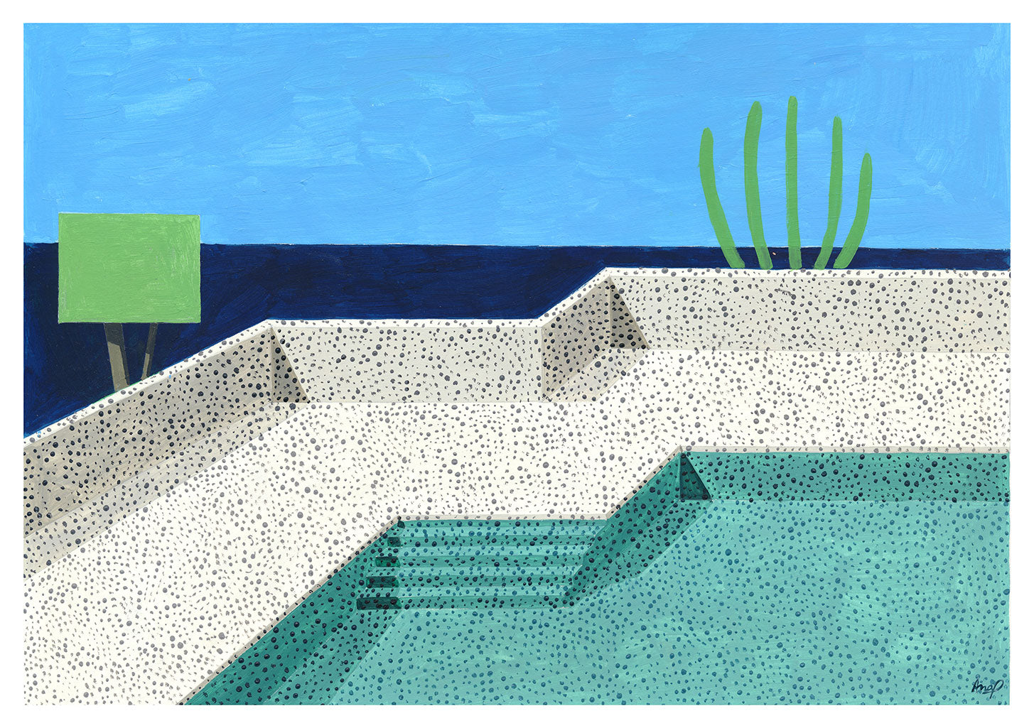 Poster vert sur mur blanc, ciel bleu, cactus vert