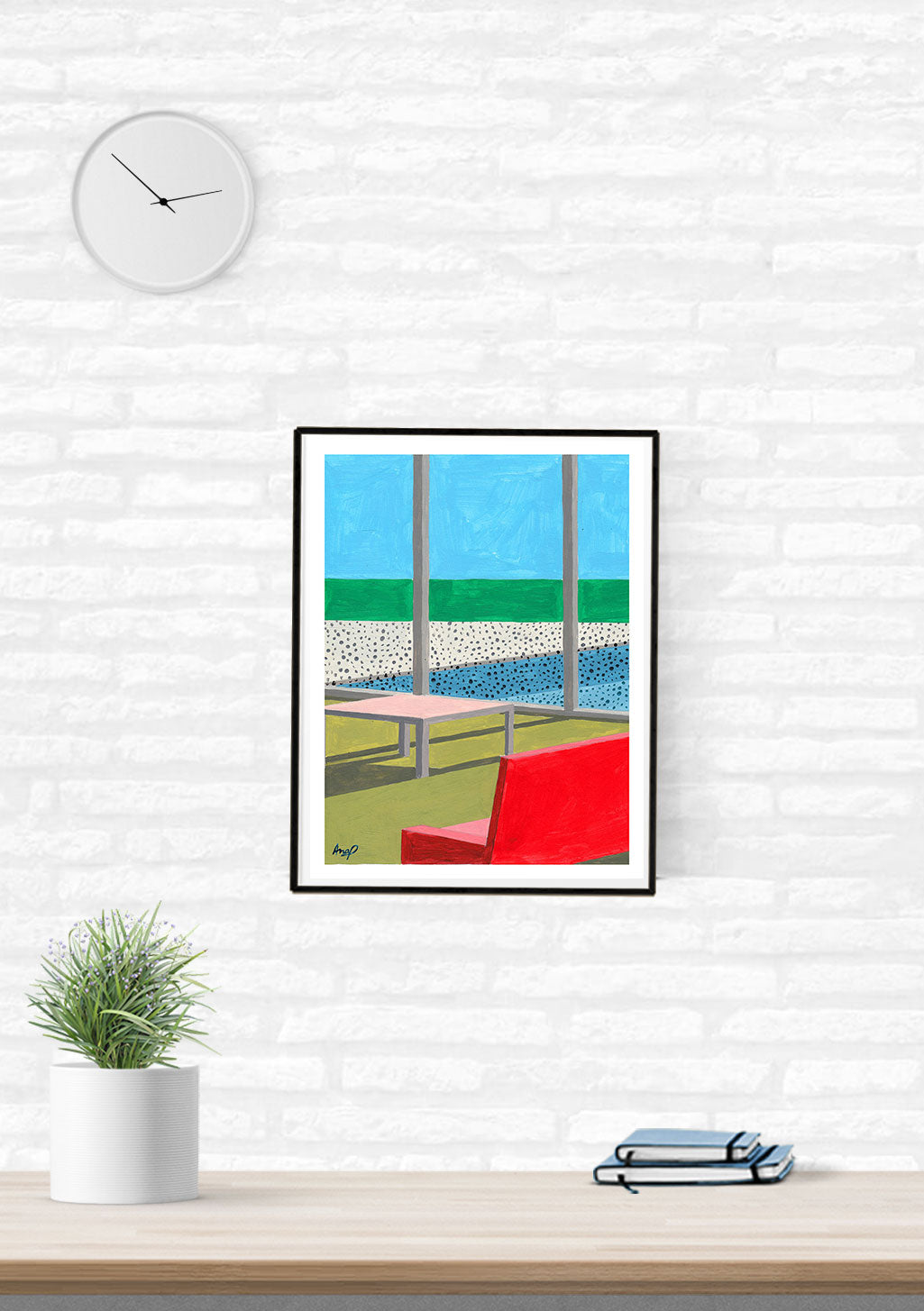 Tableau abstrait avec chaise rouge, table, fenêtre, ciel bleu