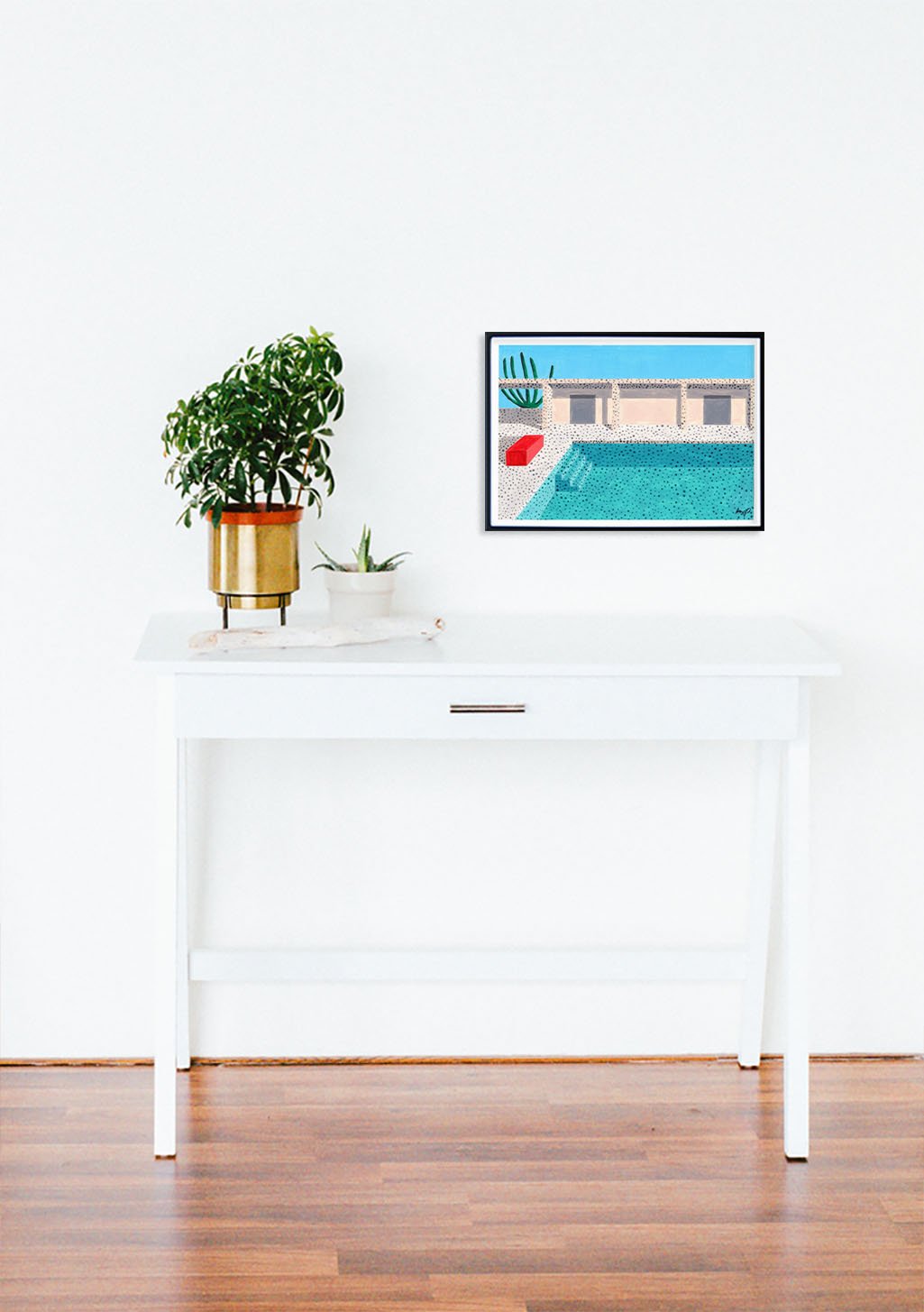 Piscine moderne, bâtiment, bleu, rouge, cactus, style artistique