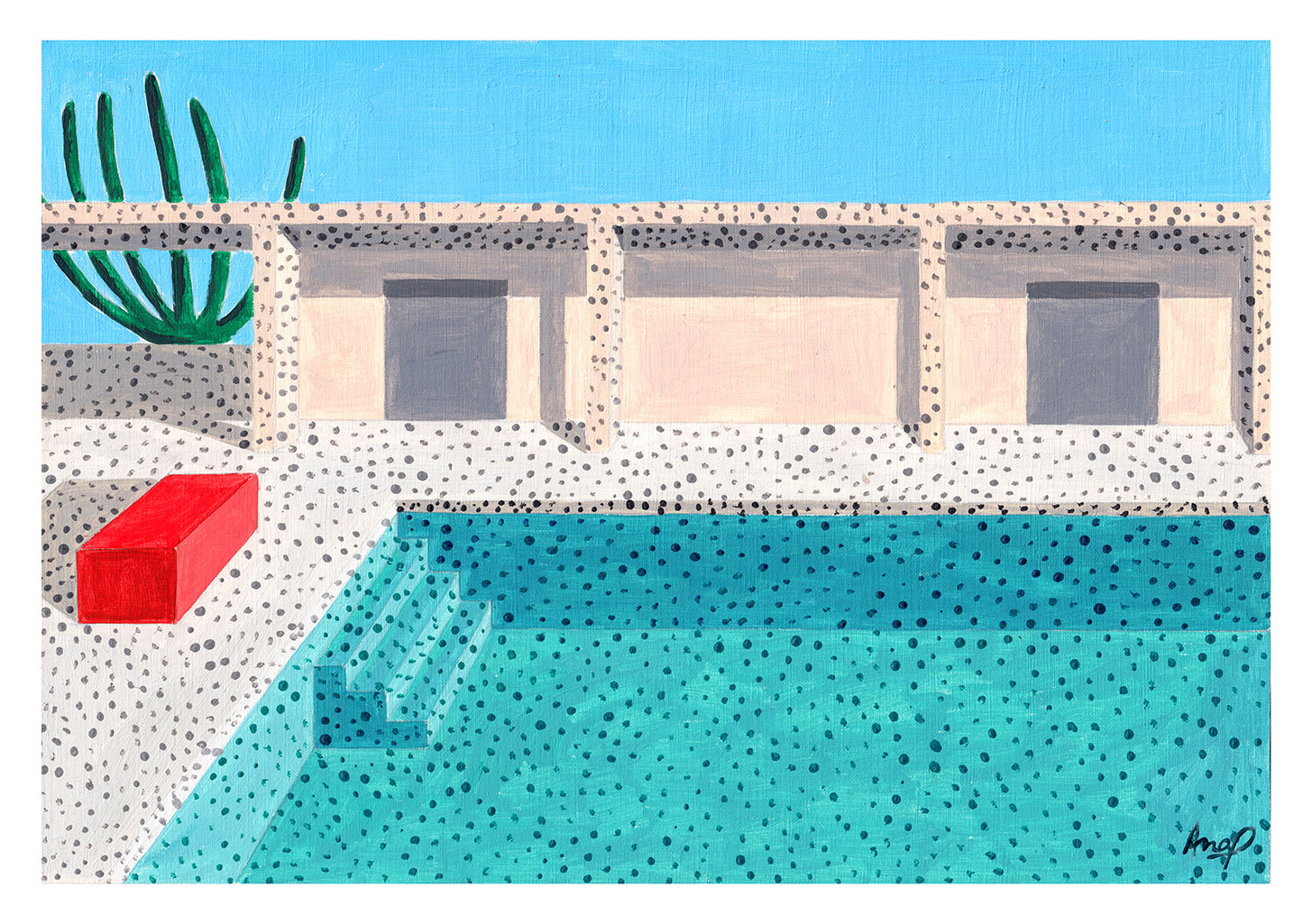 maison moderne, piscine, cactus, ciel bleu, fenêtres, mur texturé, bloc rouge