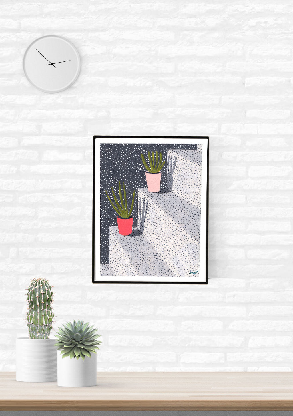 Poster de cactus dans des pots colorés sur fond à pois