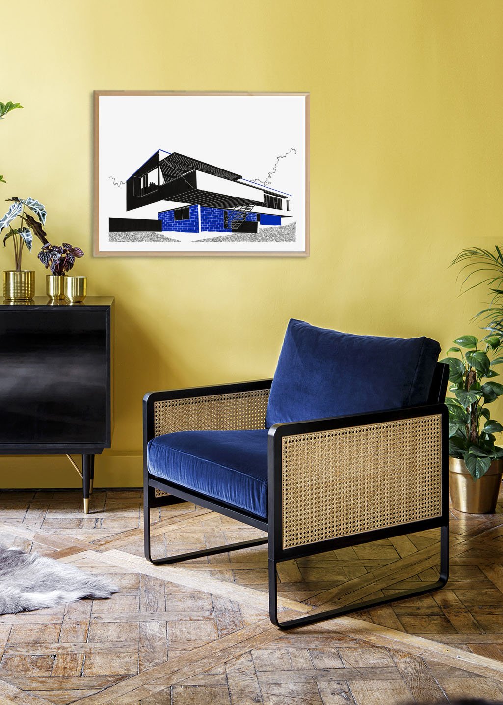 Maison moderne, lignes géométriques, couleurs noires et bleues