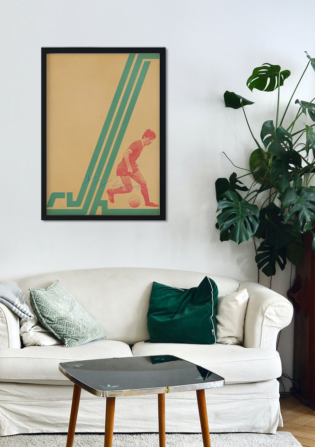 Poster de football vintage, joueur d'art, couleurs vives, cadre noir