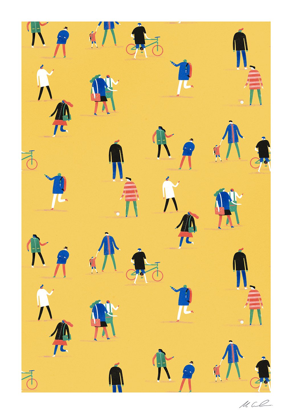 Illustration jaune de personnes avec des sacs et des vélos