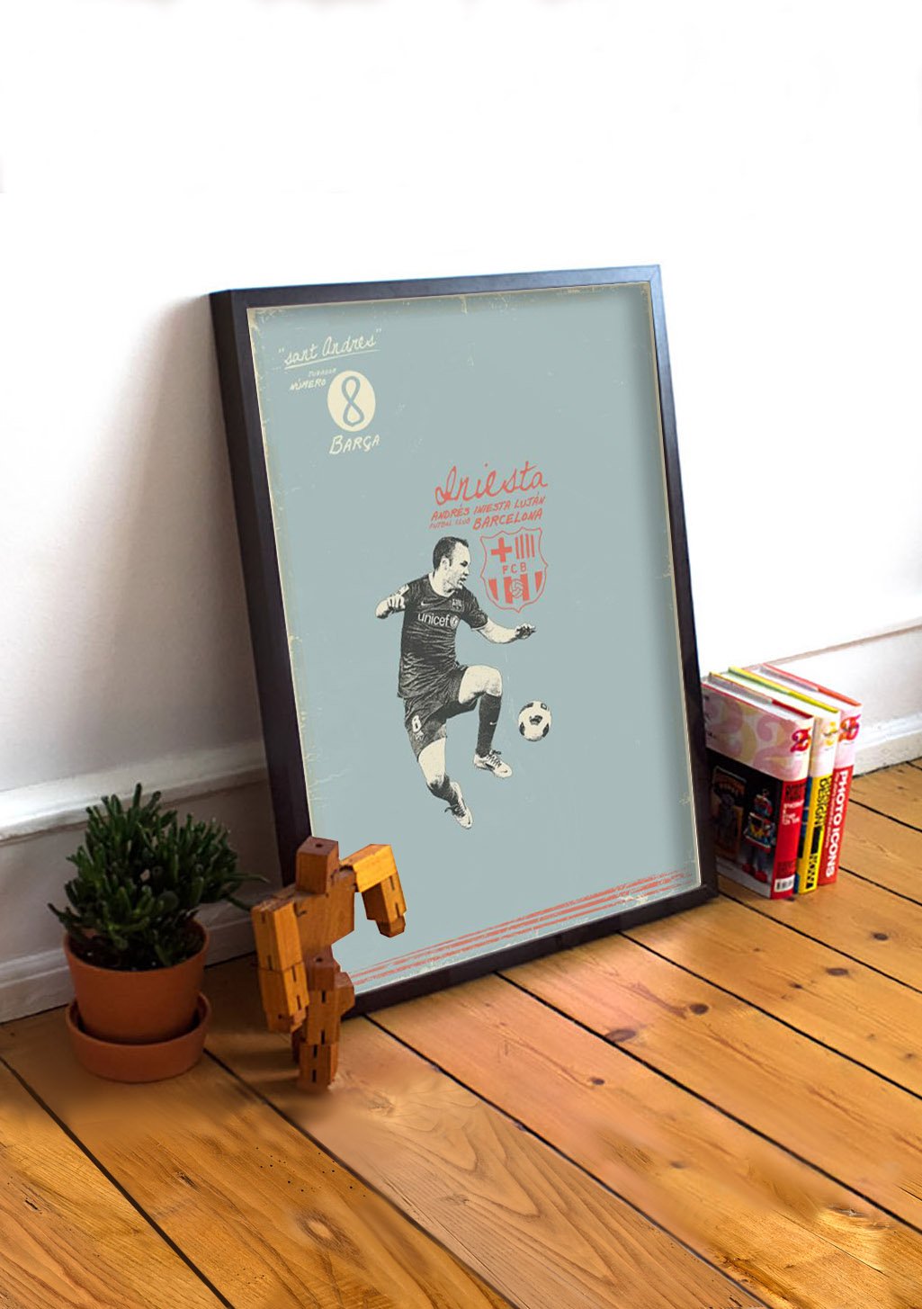 Poster de football, joueur, Barcelone, UNICEF, vintage, encadré, salle, bois, plante, figurine, livres