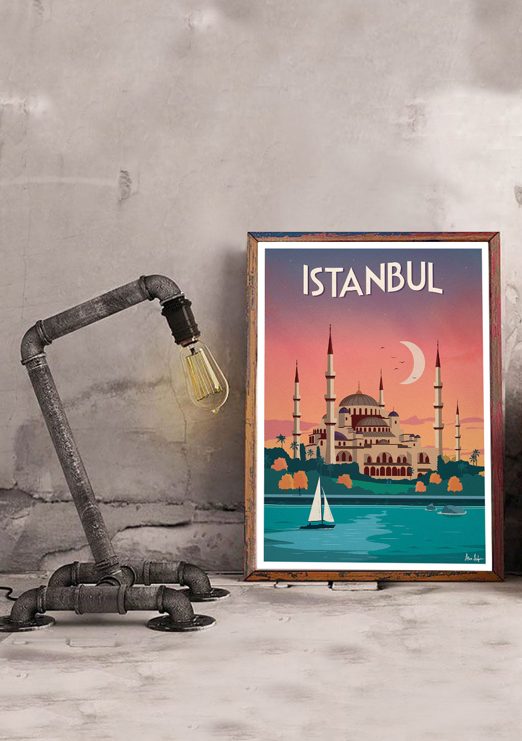 Poster d'Istanbul avec mosquée, bateau, coucher de soleil