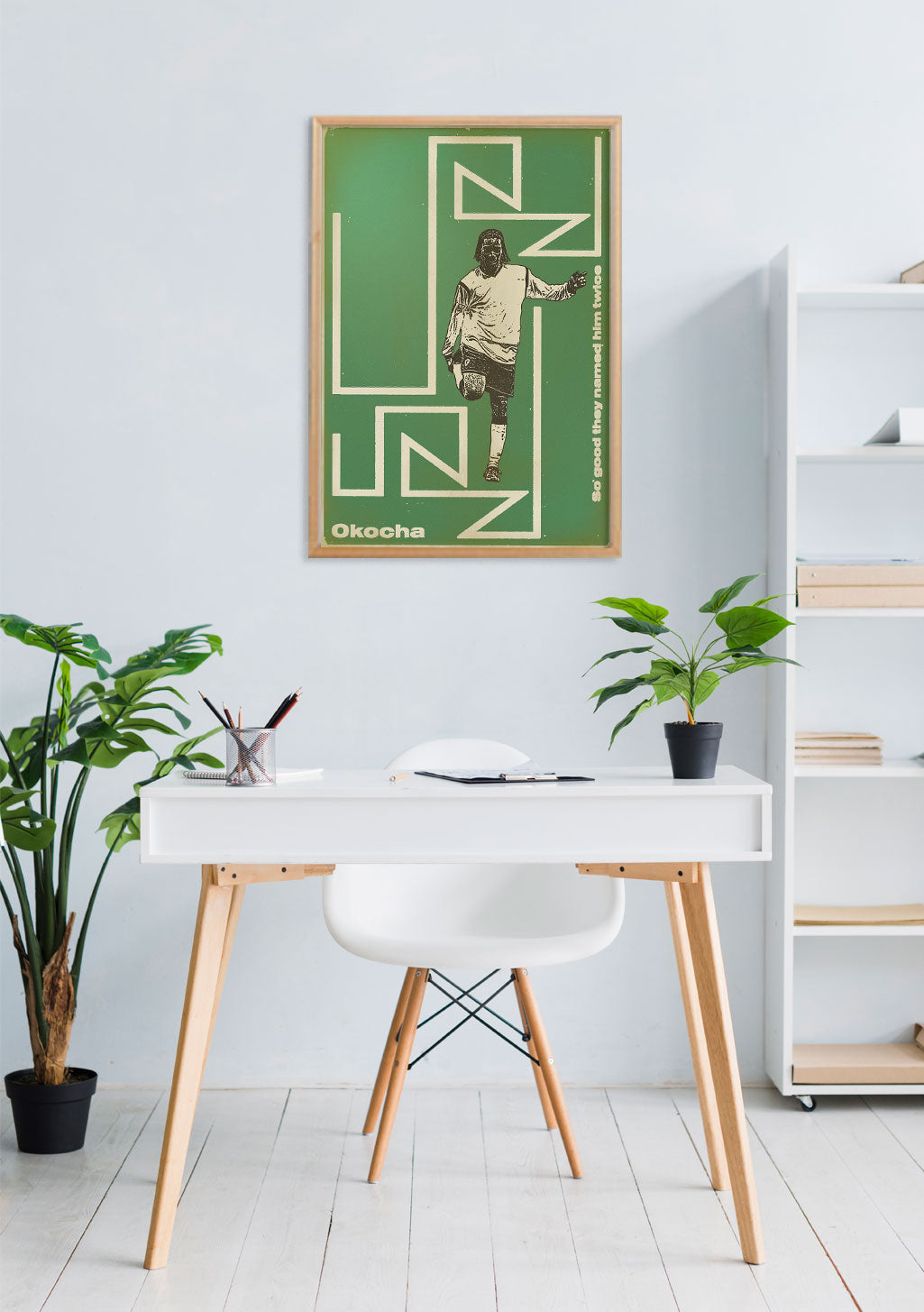 Poster vert avec homme, texte "Ok Rocha", formes géométriques