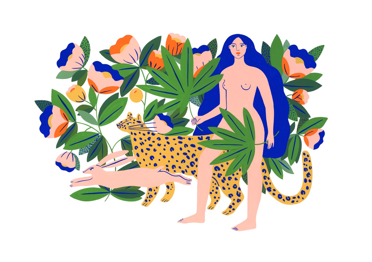 Femme bleue, jaguar, fleurs, feuilles, nature, illustration vibrante