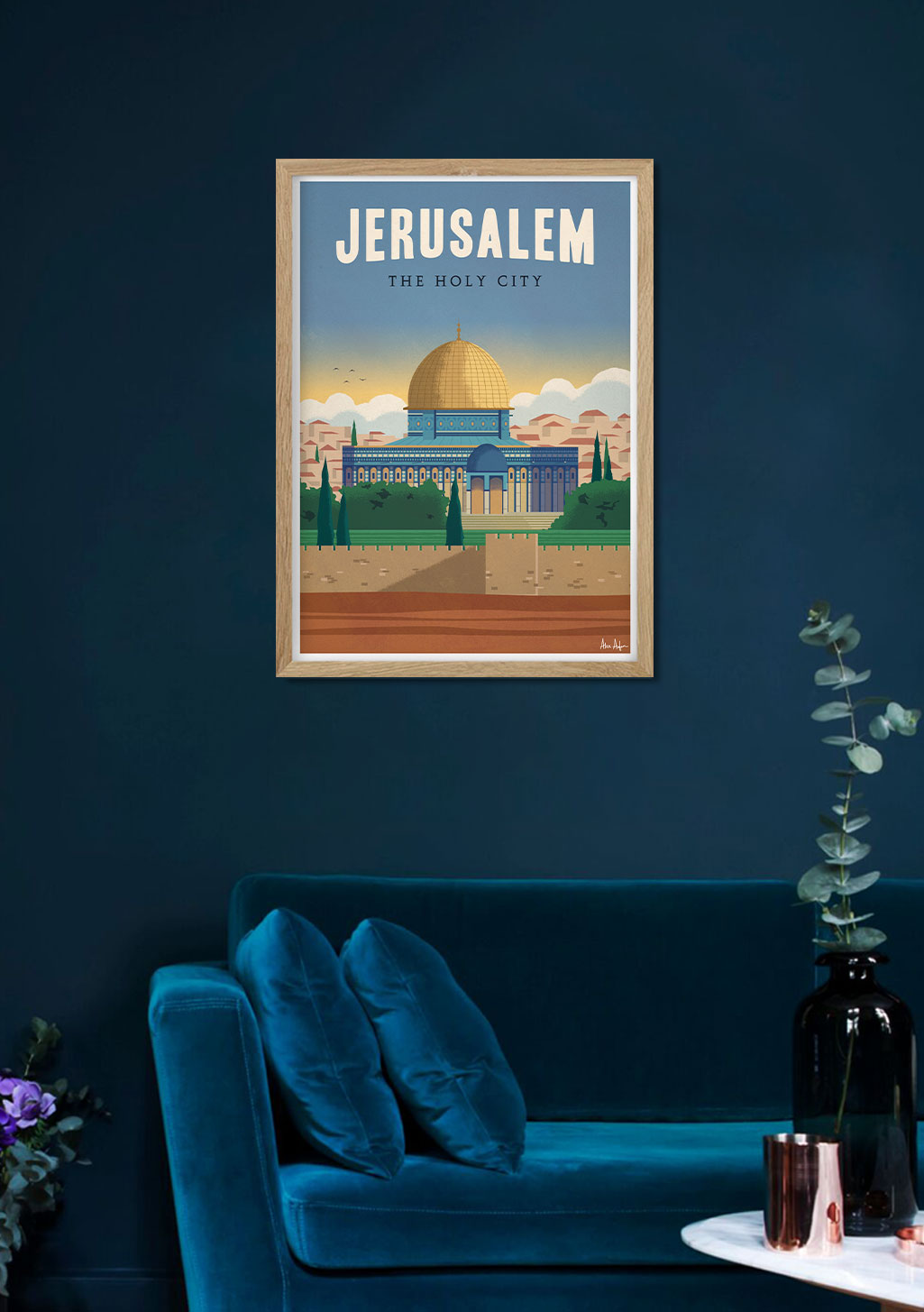 Poster de Jérusalem, Ville Sainte, dôme, architecture, ciel bleu, texte blanc