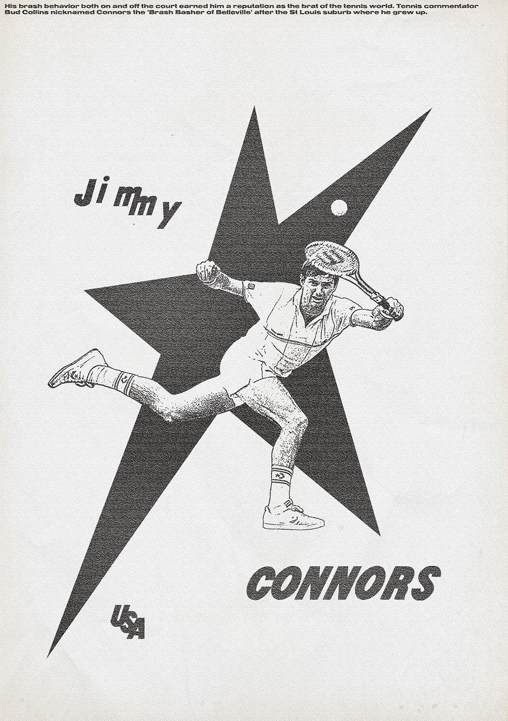 Illustration en noir et blanc d'un joueur de tennis nommé Jimmy Connors
