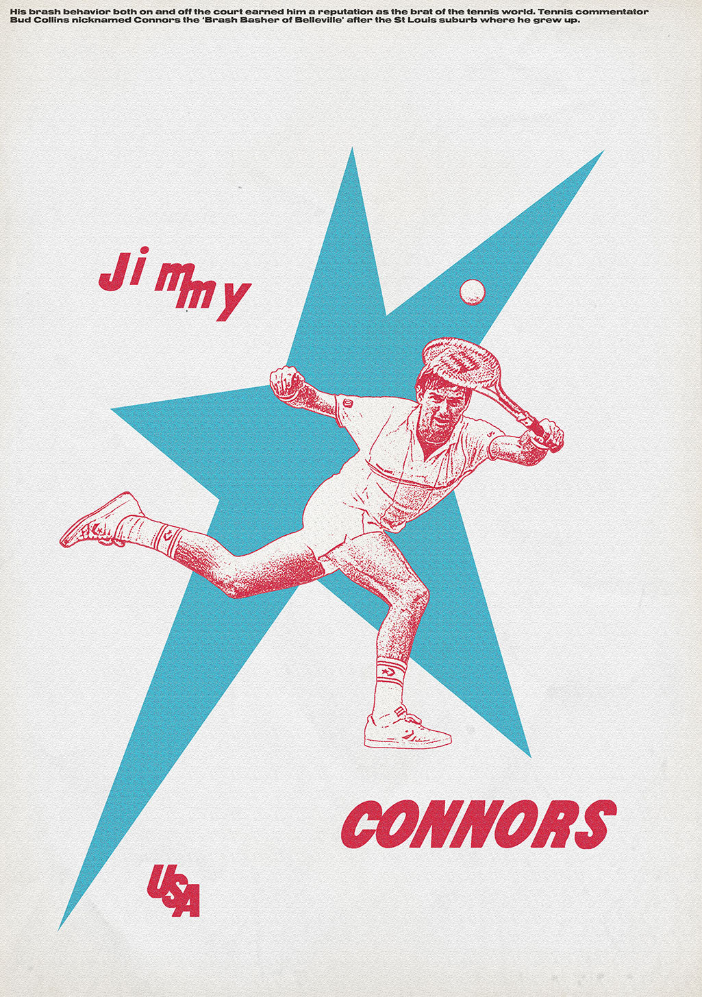 Illustration de tennis Jimmy Connors, USA, étoile bleue, comportement brusque, commentateur Bud Collins