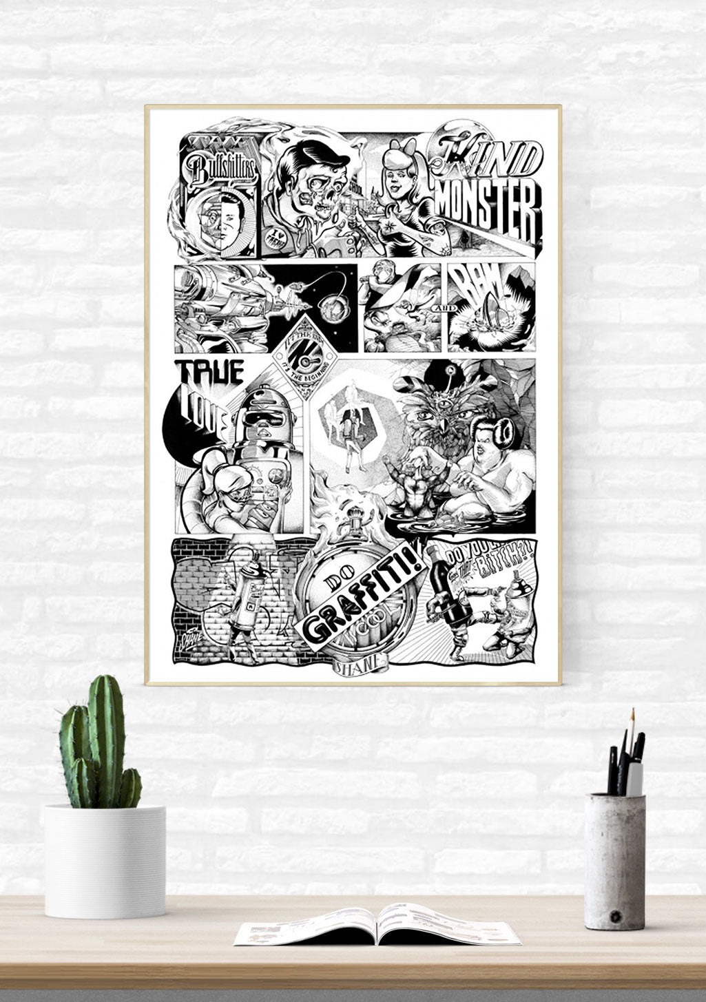 Art urbain, graffiti, monstres, personnages, texte, dessin, noir et blanc, style punk, art underground