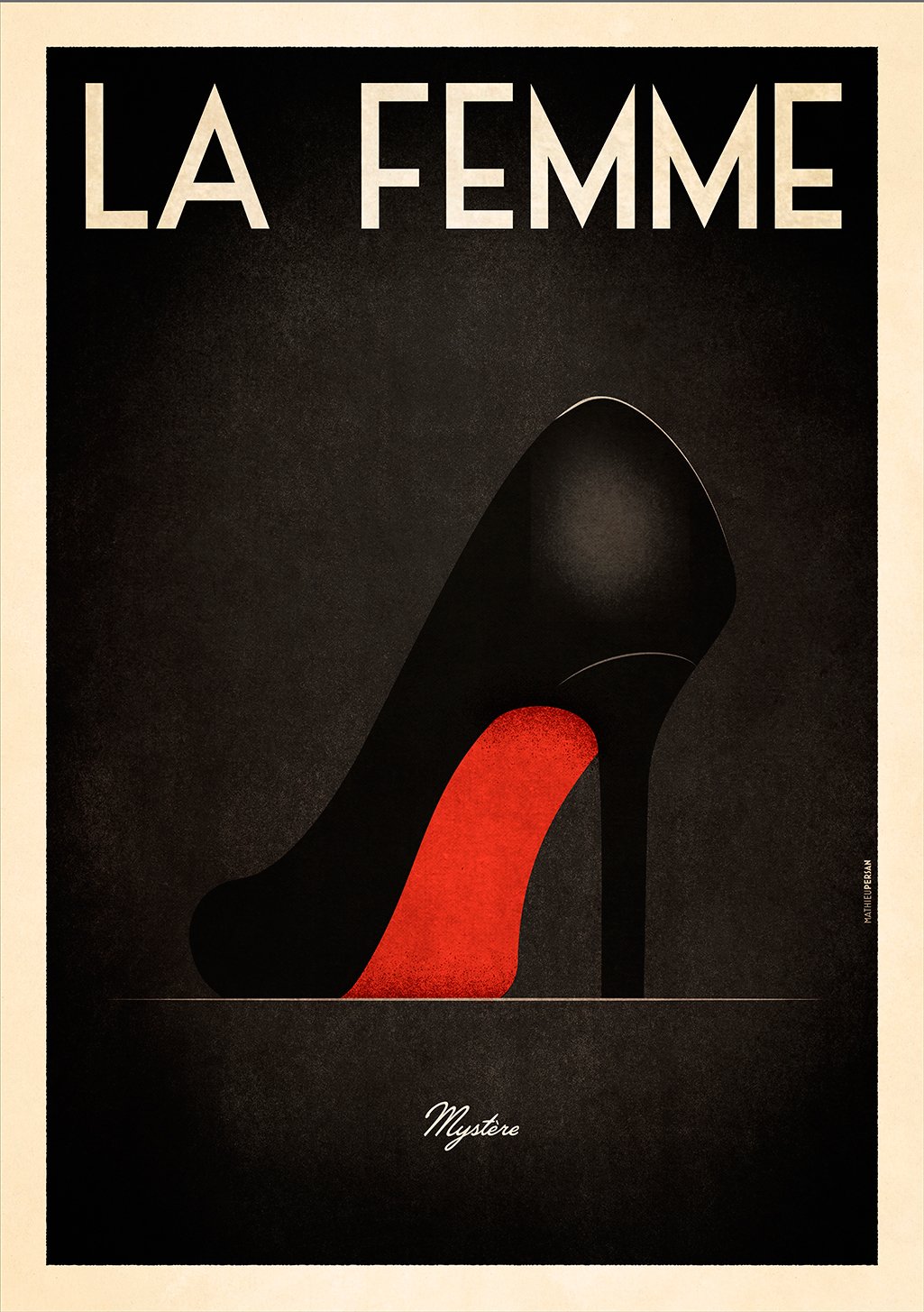 Chaussure noire avec talon rouge, texte "LA FEMME", fond sombre