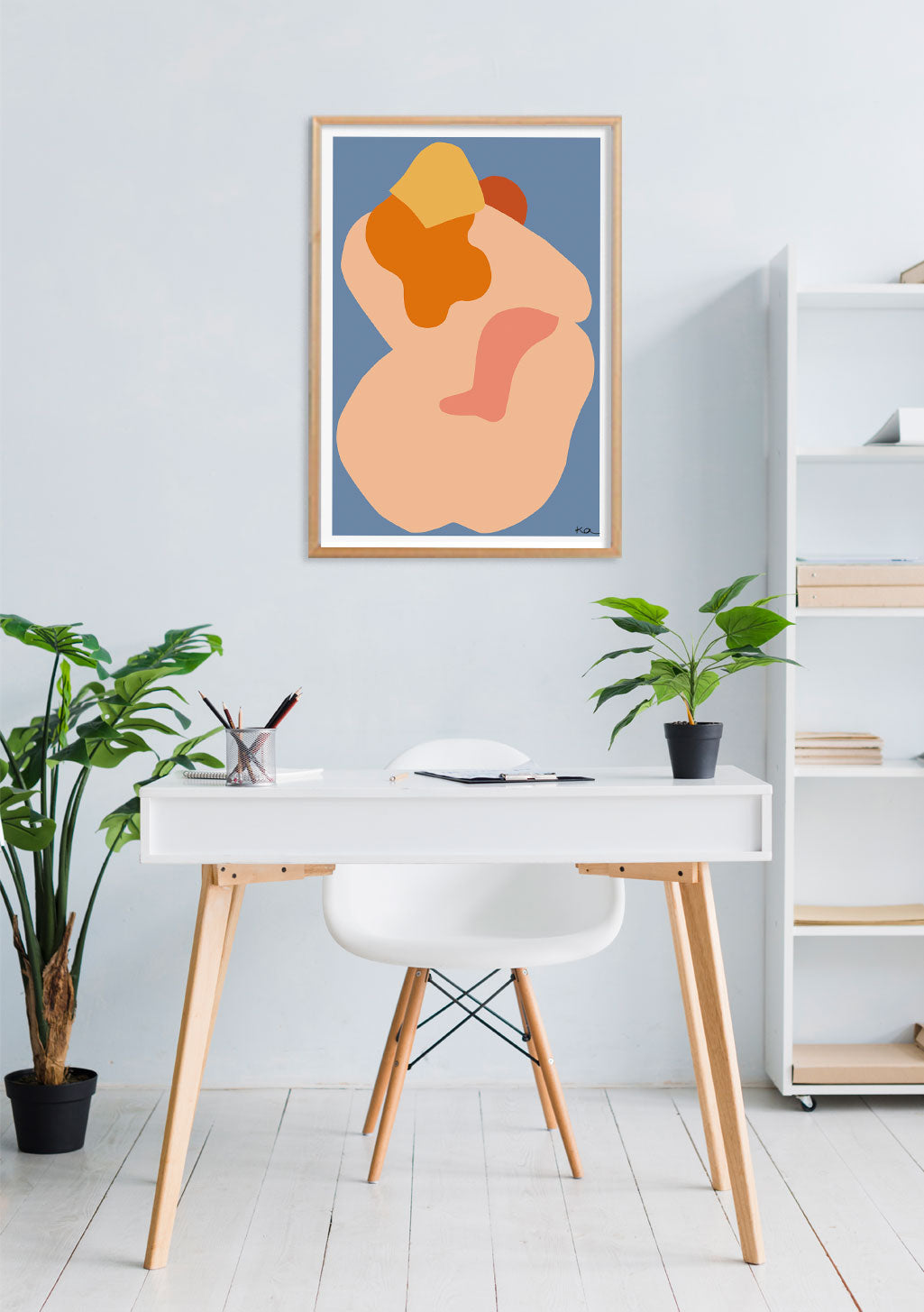 Poster abstrait avec formes colorées sur fond bleu