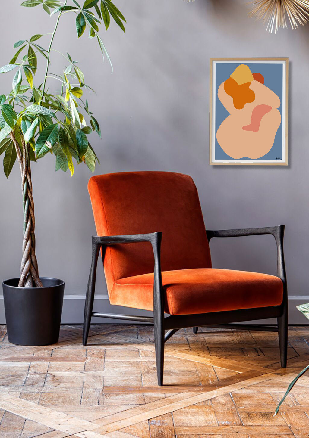 Poster abstrait avec formes orange et roses sur fond bleu