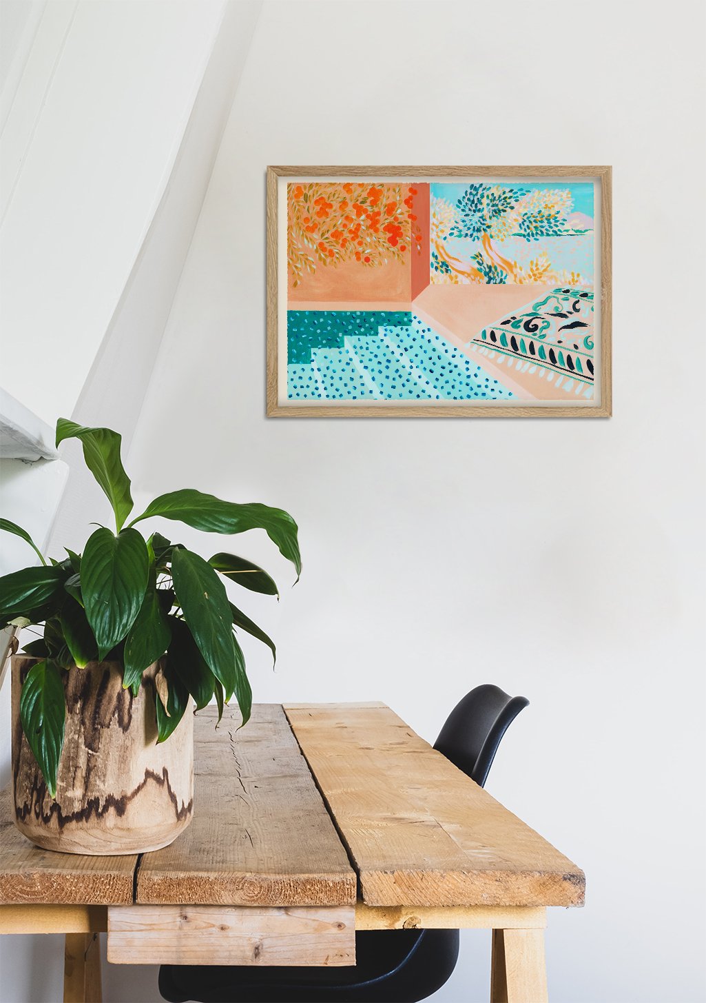 Art abstrait coloré avec des arbres et des motifs géométriques