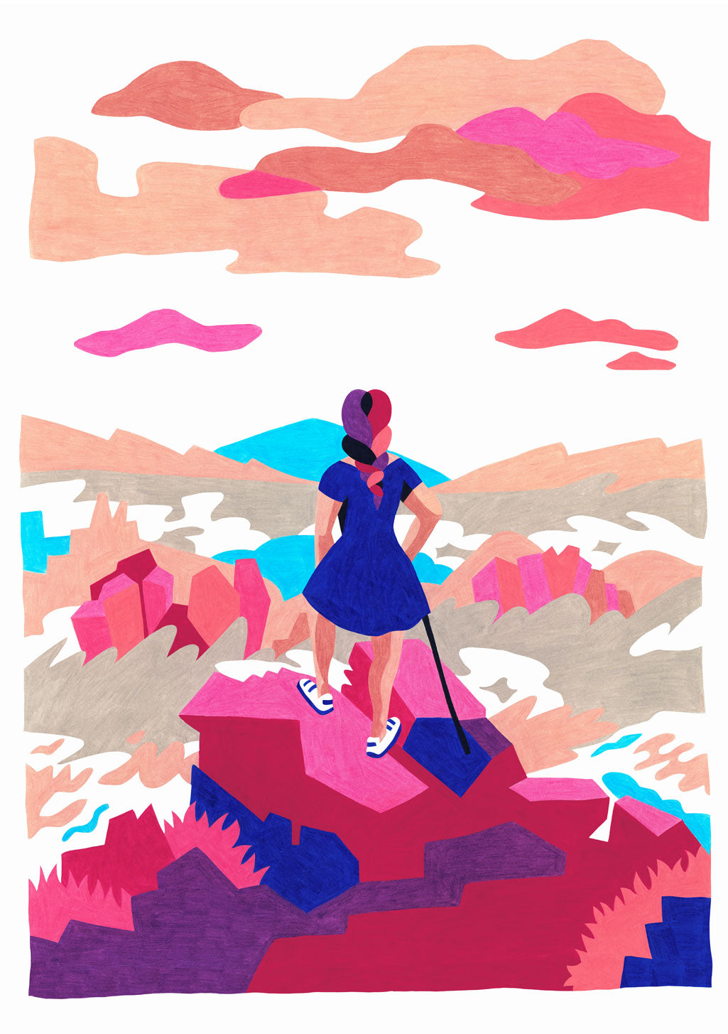 Femme en robe bleue, paysage coloré, ciel nuageux, randonnée, nature abstraite