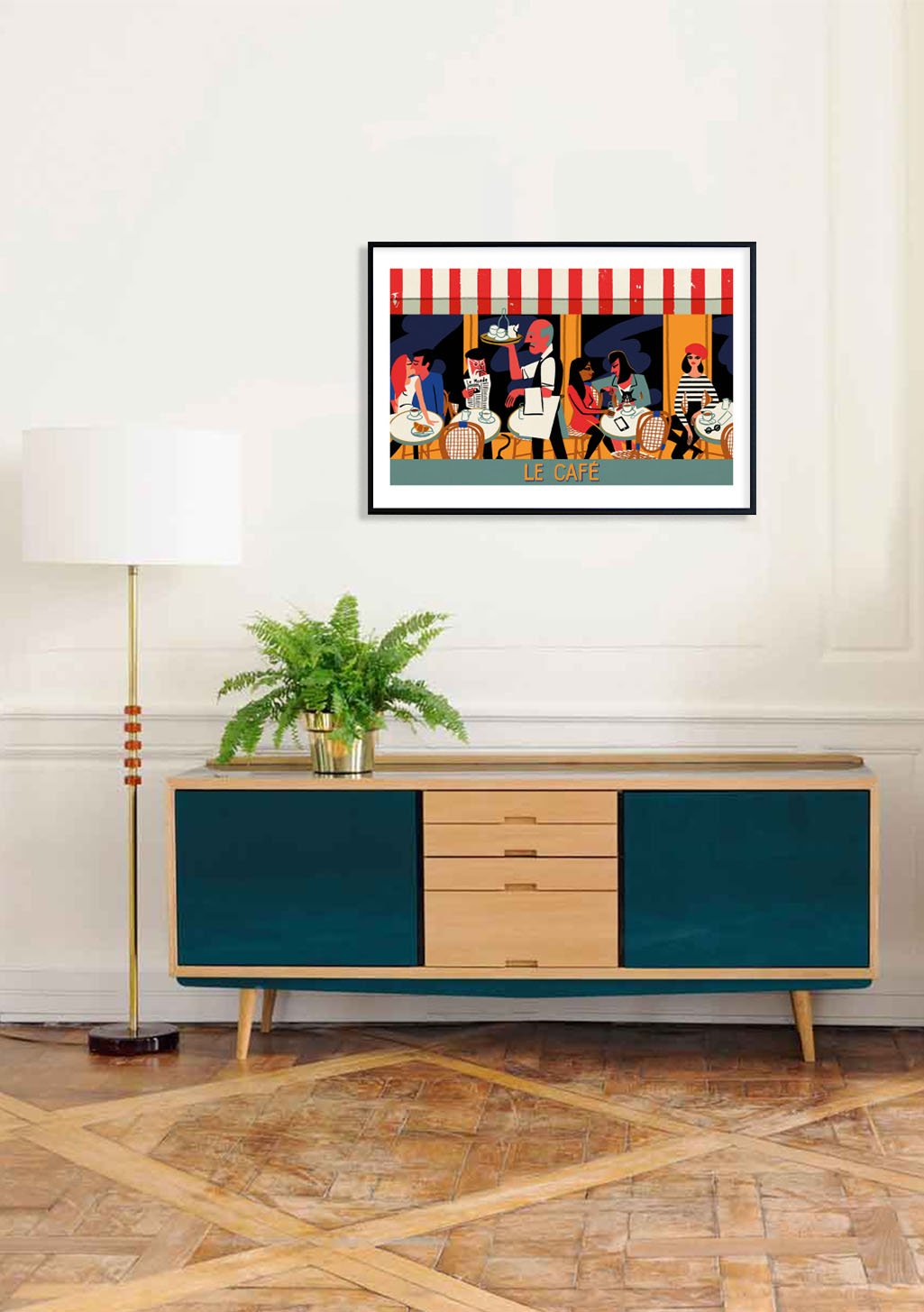 Poster de café avec des gens colorés, auvent rouge et blanc