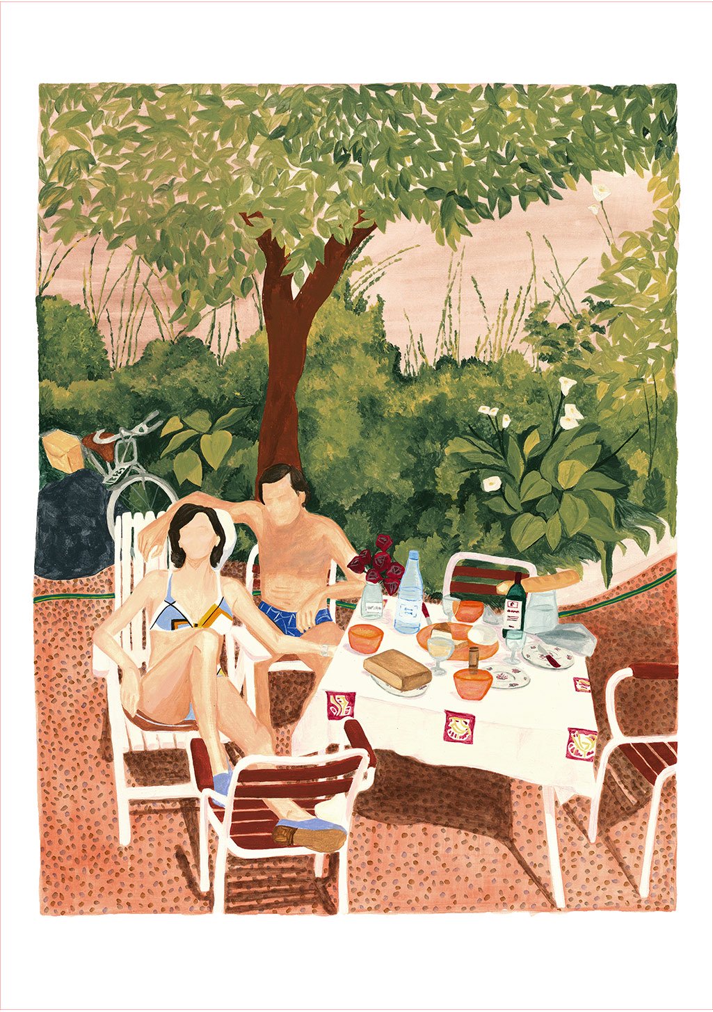 Table en plein air, deux personnes, nourriture, boissons, jardin, arbre, chaise, nature, détente, repas, extérieur, peinture