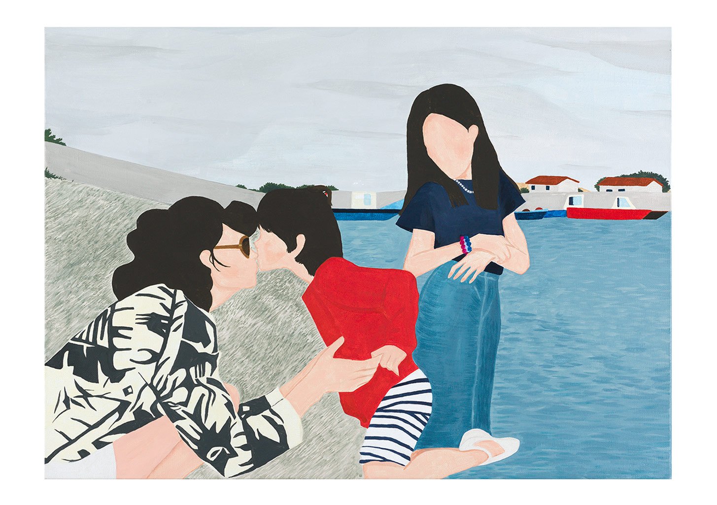 Art, groupe, plage, femmes, conversation, eau, bateau, ciel, maisons, extérieur, détente, scène
