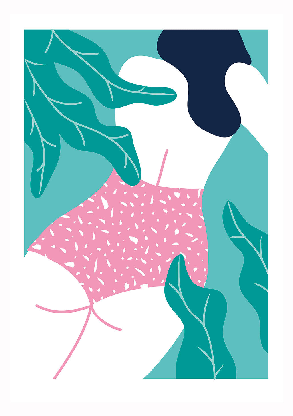 Feuilles vertes, forme sombre, tissu rose tacheté