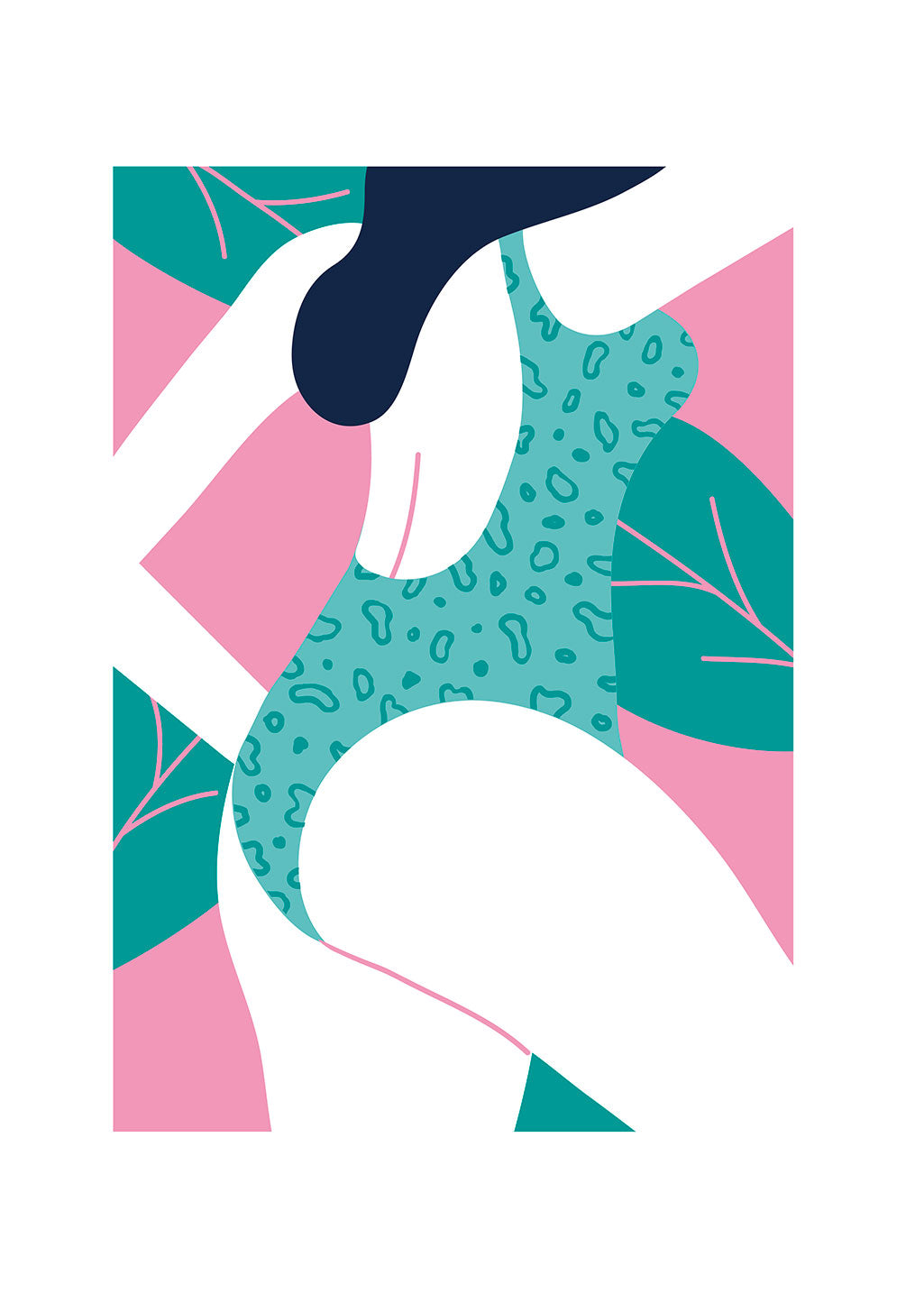 Art abstrait ; formes géométriques ; couleurs vives ; teal, rose, noir ; motifs organiques