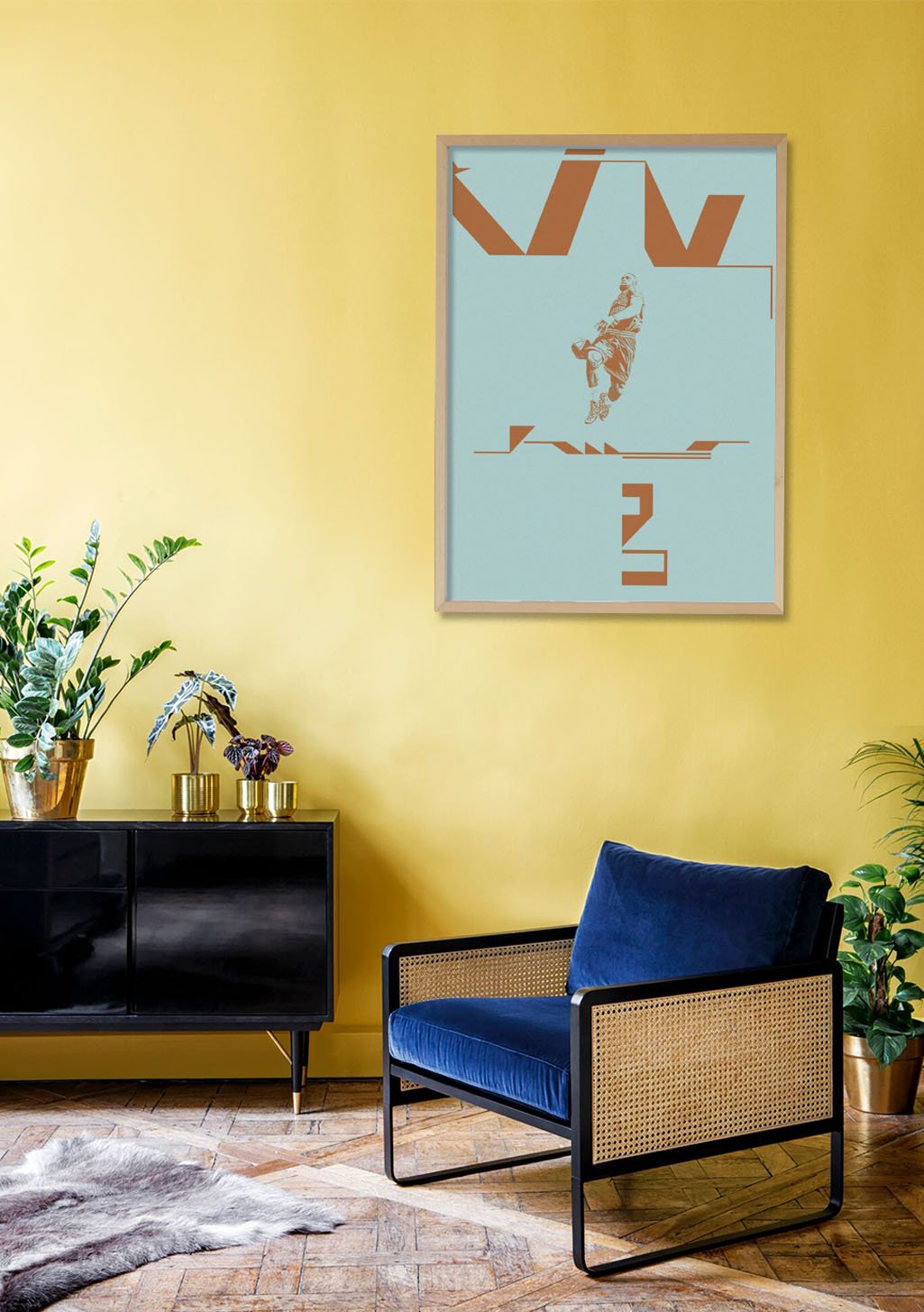 Poster bleu avec silhouette orange et formes géométriques