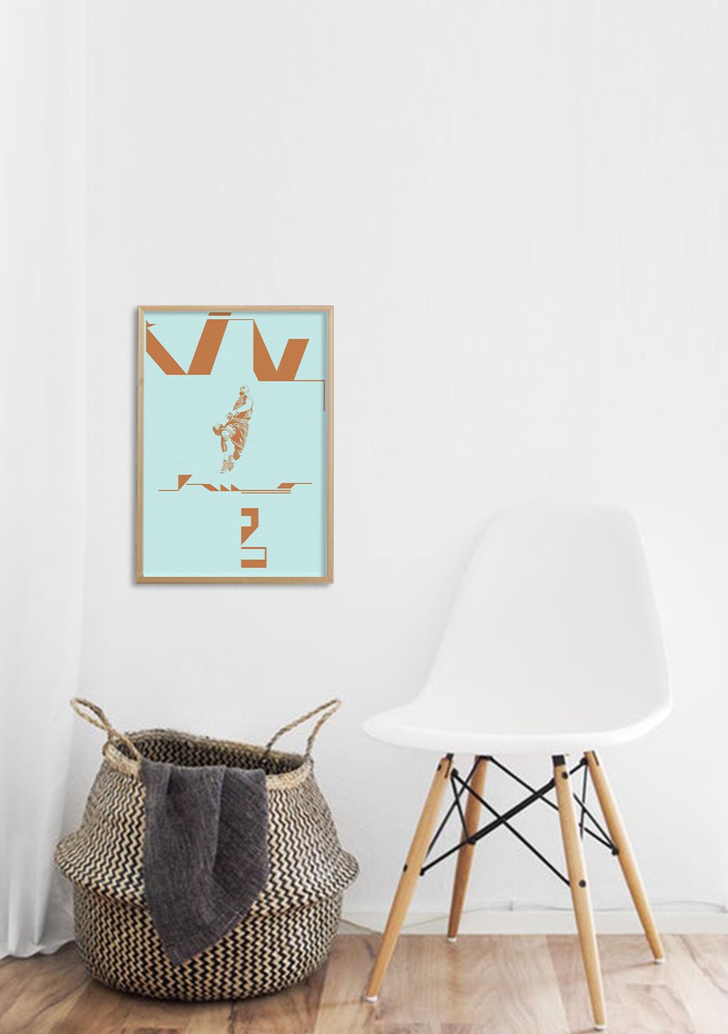 Poster abstrait avec formes géométriques orange sur fond bleu clair