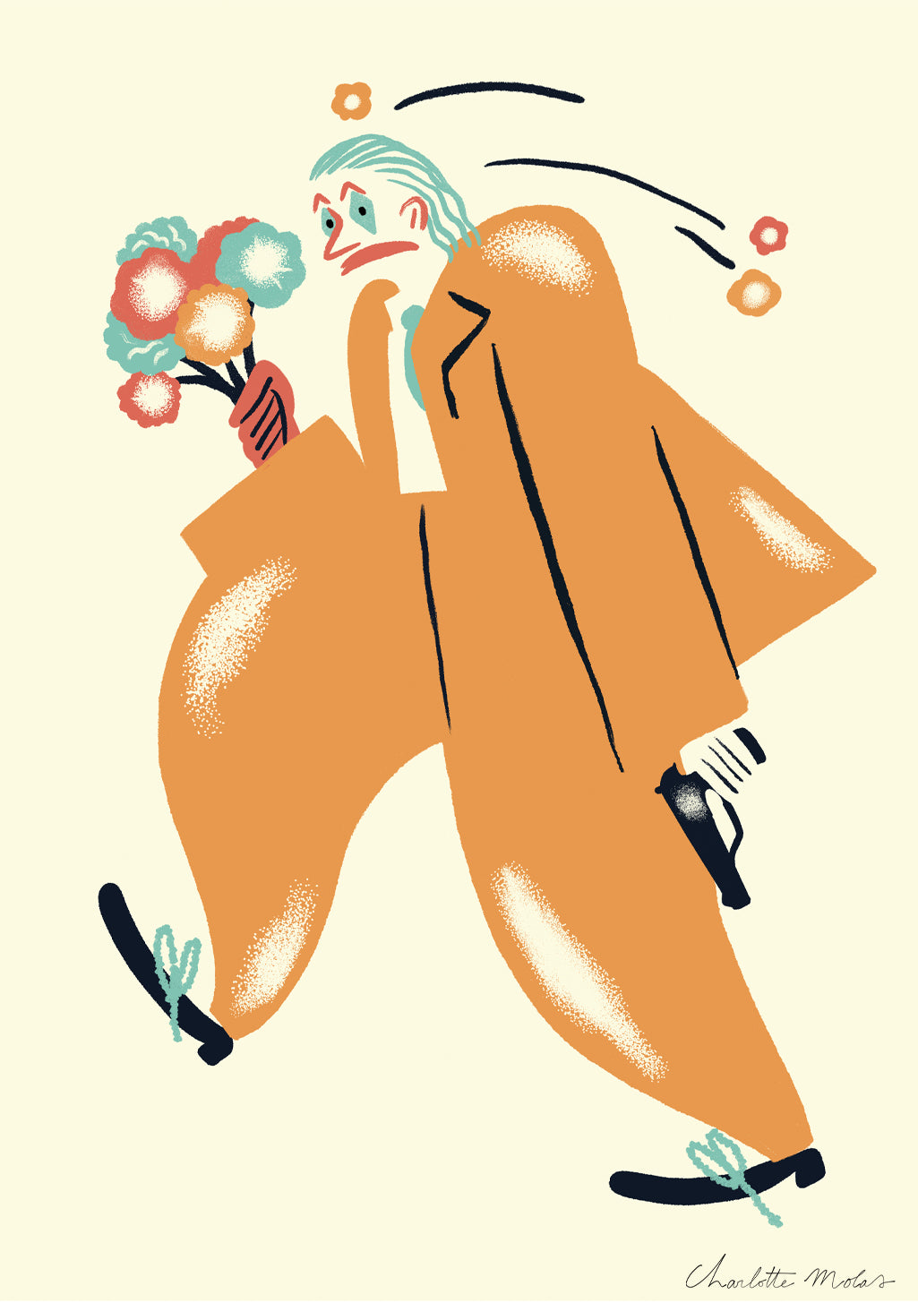 Illustration stylisée d'une personne avec des fleurs et un pistolet