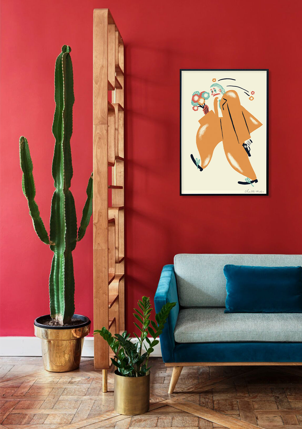 Personnage stylisé avec des fleurs, cheveux au vent