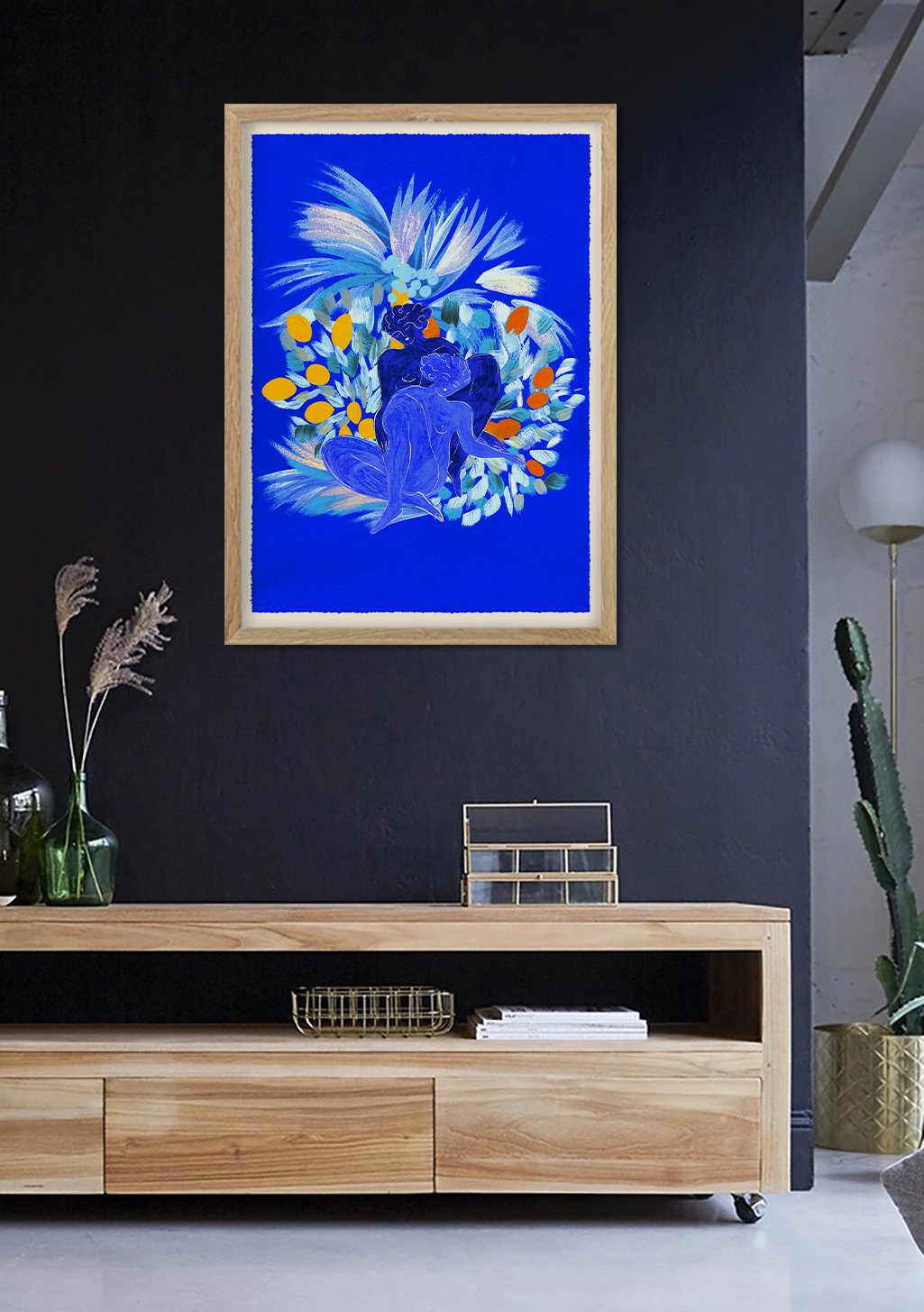 Art abstrait bleu avec fleurs et formes organiques