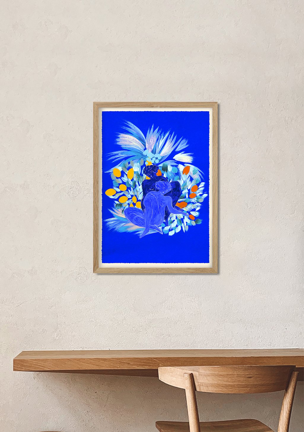 Art abstrait bleu avec fleurs colorées