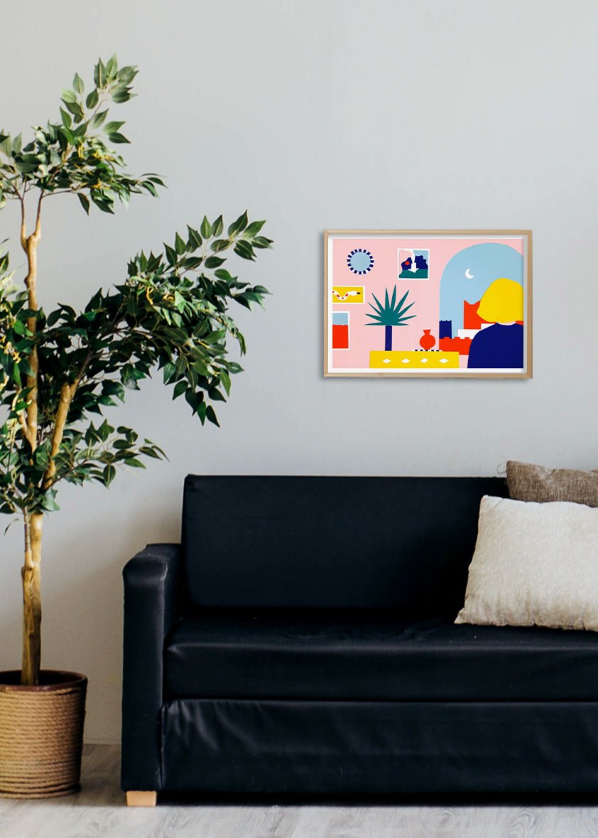 Art abstrait coloré, formes géométriques, scène intérieure, couleurs vives