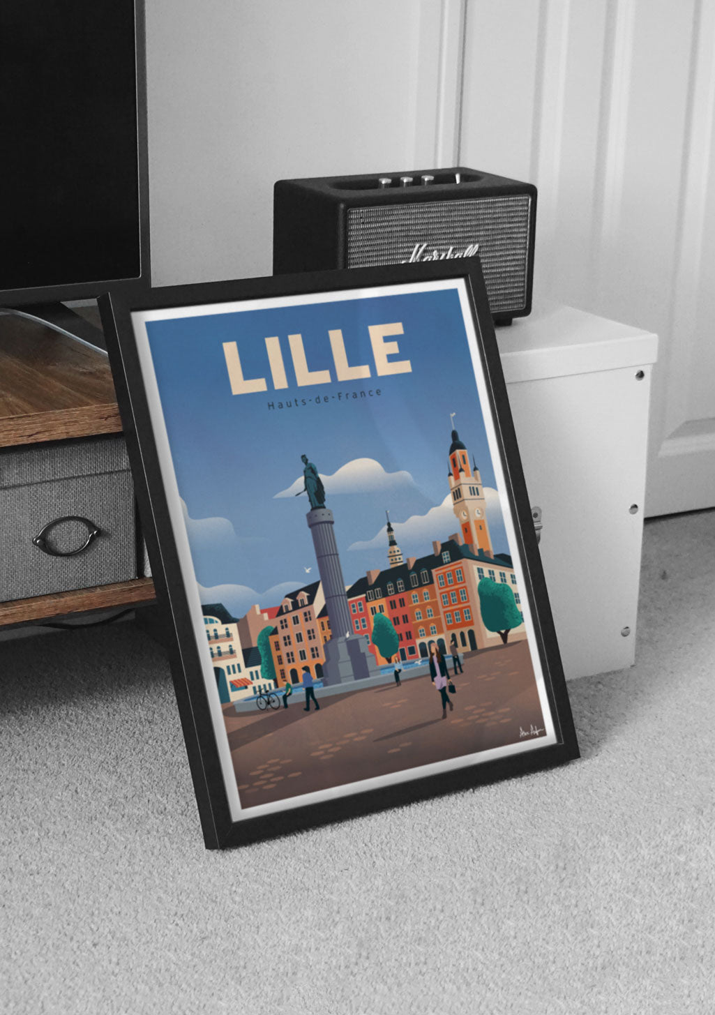 Poster de Lille, France, ville, statue, bâtiments, ciel bleu, texte