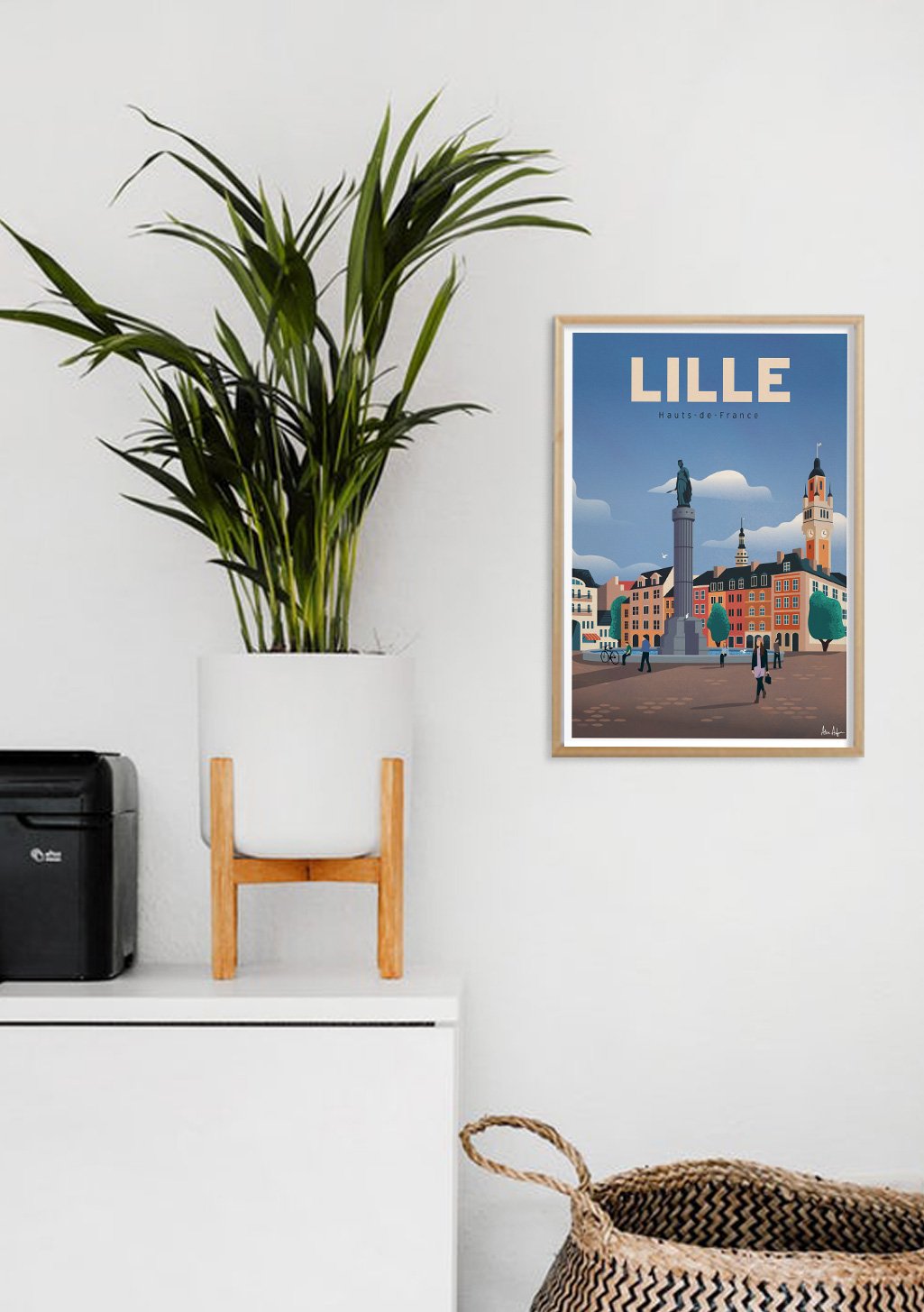 Poster de Lille, France, ville, bâtiments, ciel bleu, statue, rue, illustration colorée