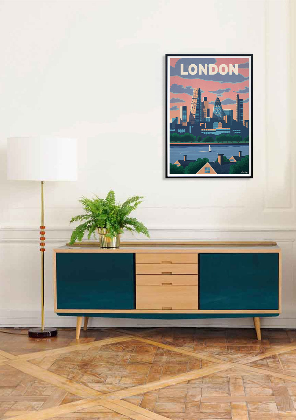 Poster de Londres, ville, skyline, coucher de soleil, River Thames, bâtimentsématiques