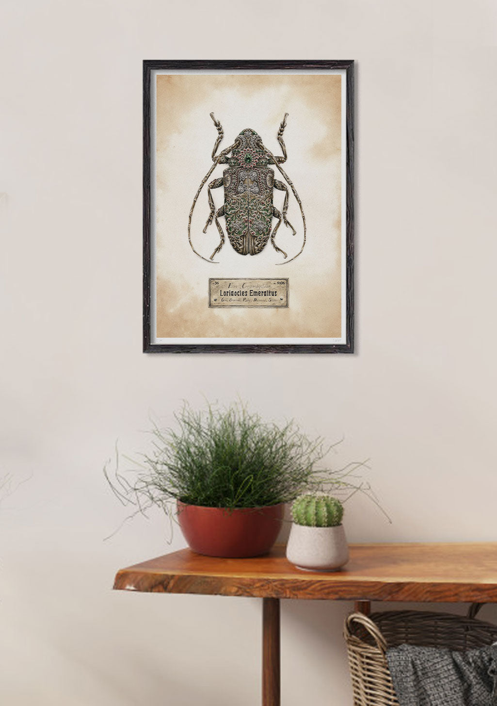 Insecte, cadre, encadré, mur, plante, pot, table, intérieur, maison, art, nature morte