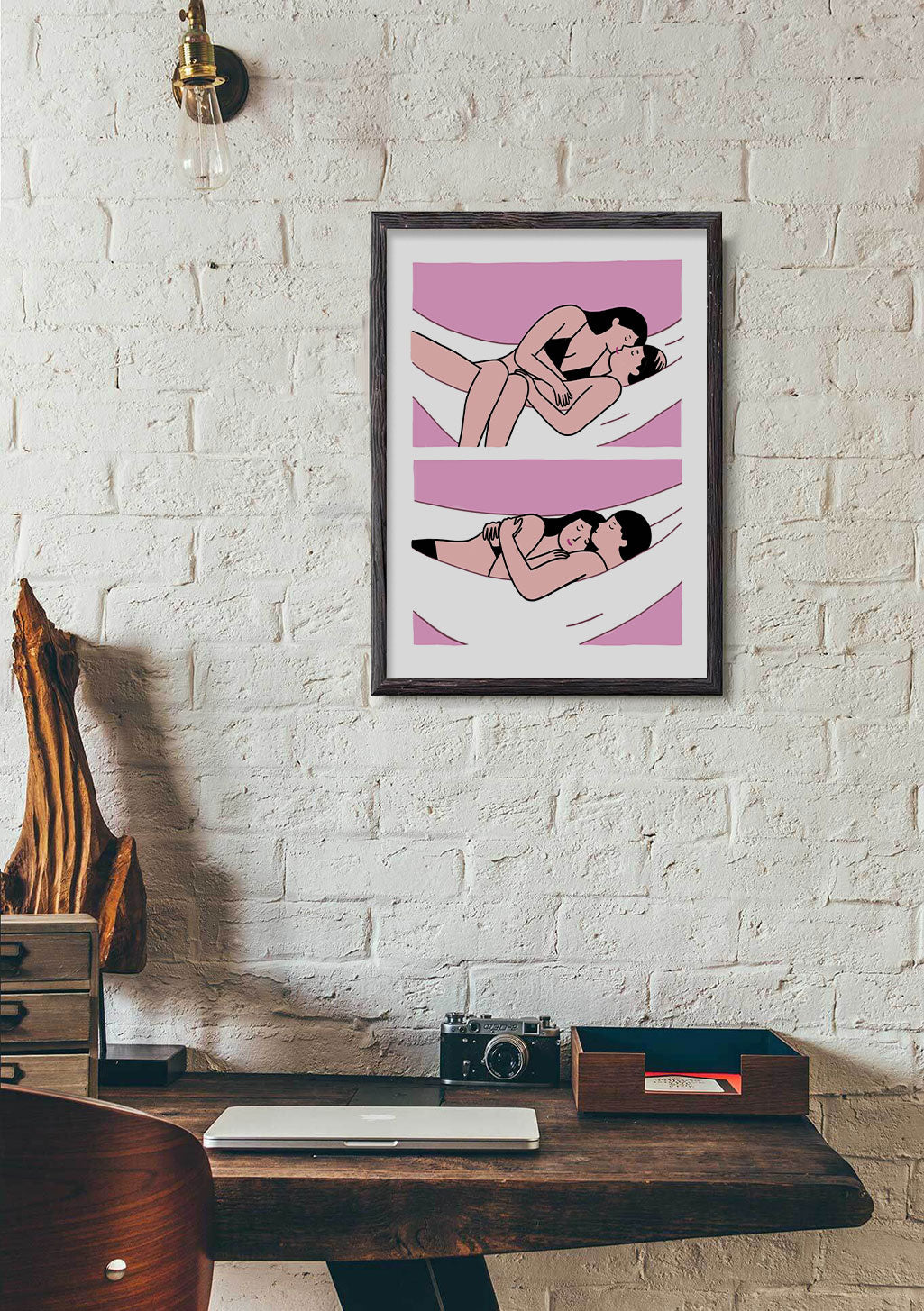 Art minimaliste, deux femmes, rose et blanc, cadre noir