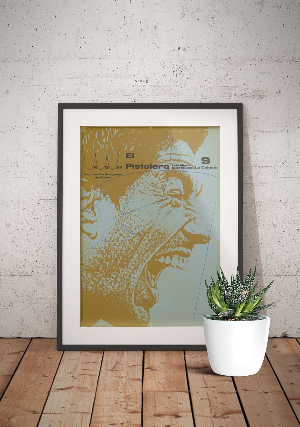 Affichage jaune et bleu, visage stylisé, texte "El Roto Av Pistolero"