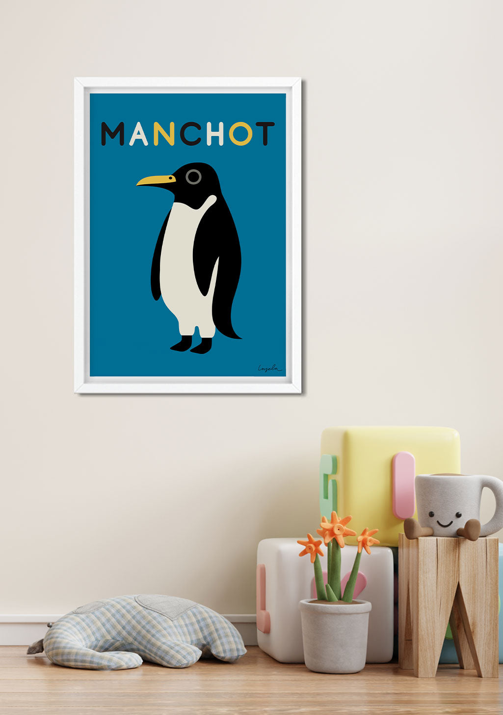Penguin, Manchot, Bleu, Moderne, mur, cadre, animal, maison, décor, art, design, murale